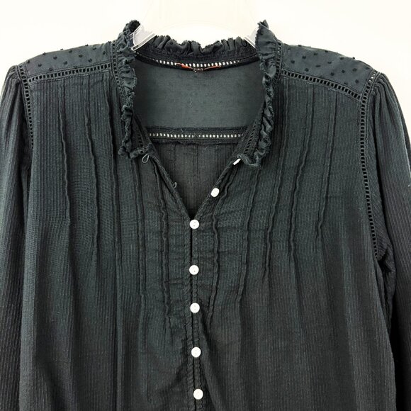 Quince Organic Textured Cotton Peasant Blouse Size S Black Long Sleeve Button Up - Picture 4 of 11